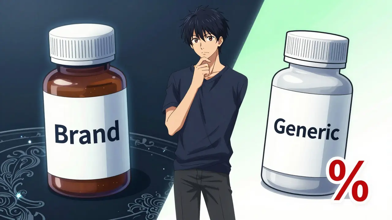 Anime character comparing brand vs generic pill costs