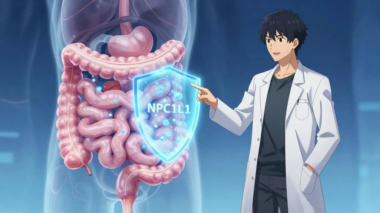 Anime character explaining intestinal cholesterol absorption via hologram
