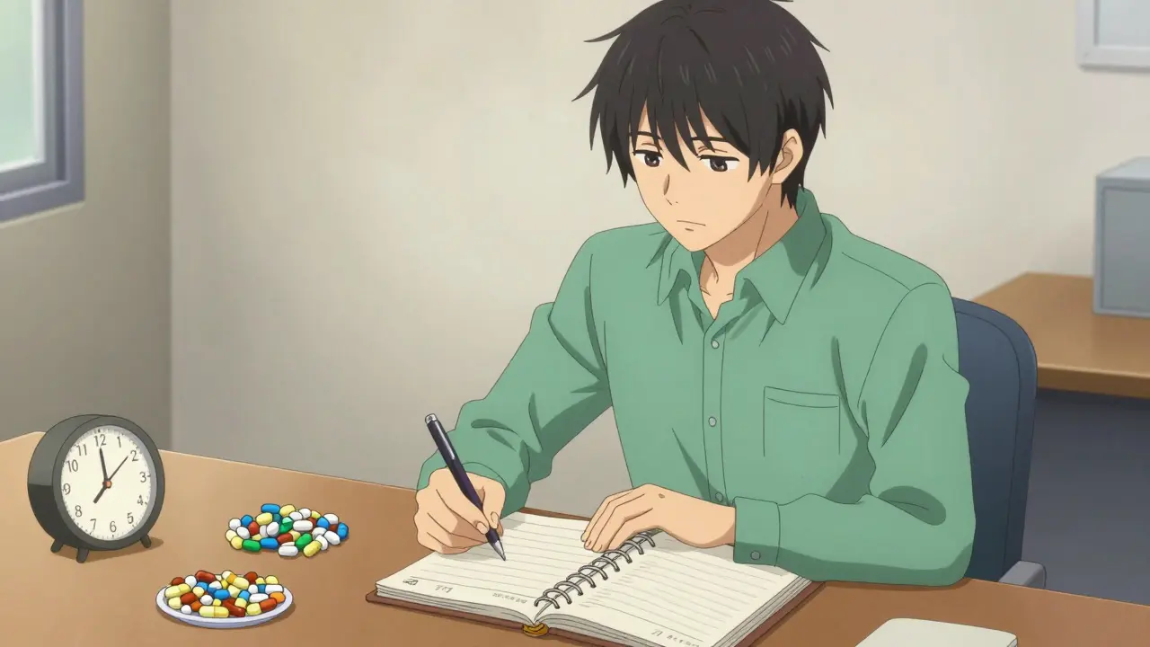 Anime character organizing a daily supplement schedule to avoid drug interactions.