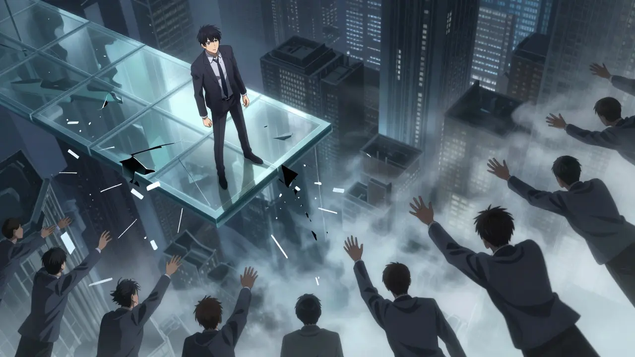 Anime character standing on a crumbling ledge overlooking a void, symbolizing the patent cliff.