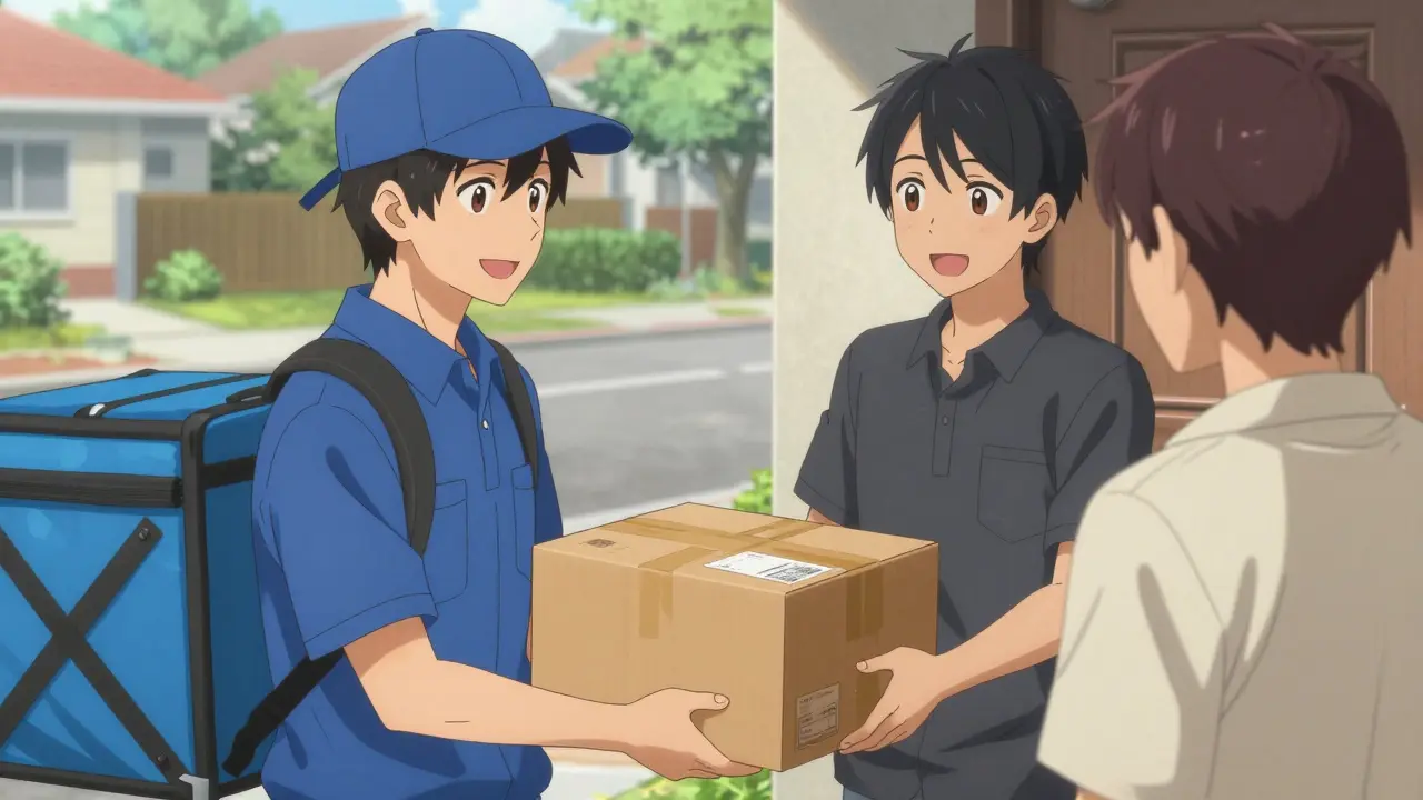 Anime courier delivering tracked medicine package