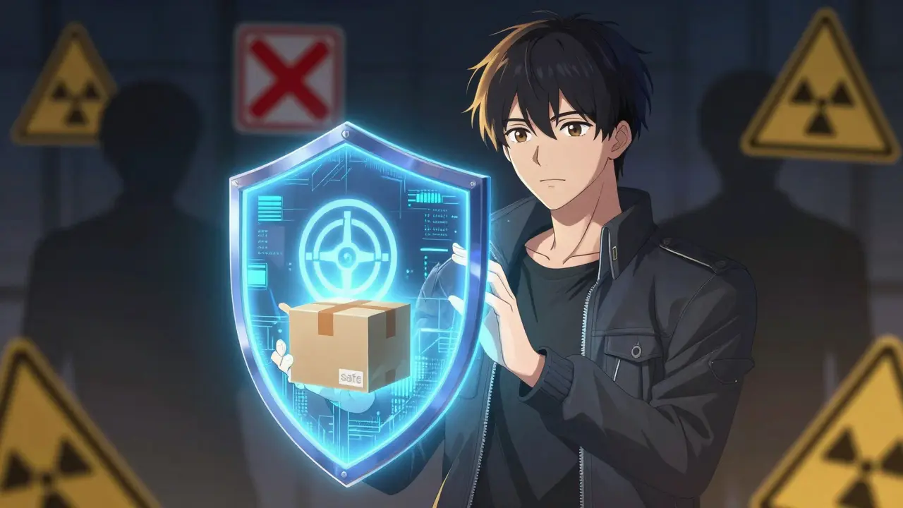Bishounen character protected by a digital safety shield against online scams