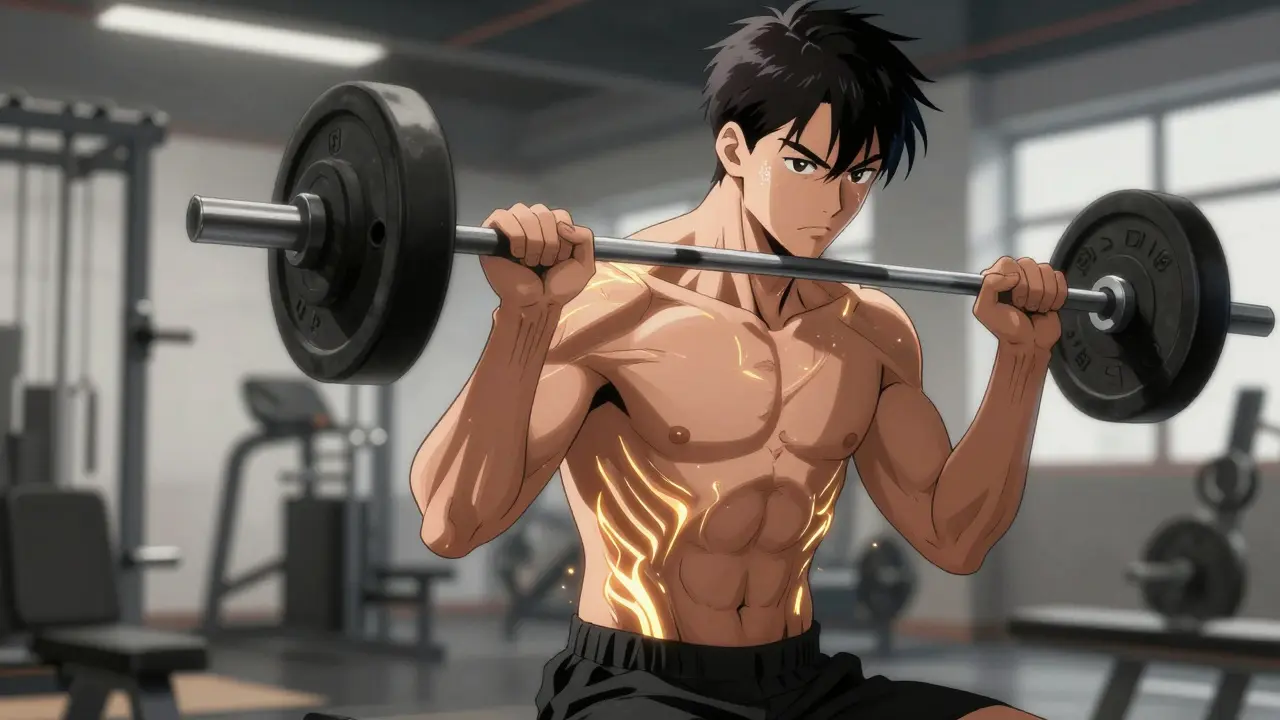 Bishounen style athlete lifting weights with glowing bone density effects