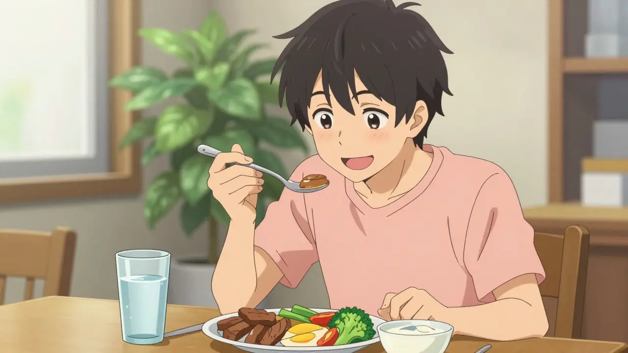 Bishounen style man eating a healthy meal with water and yogurt