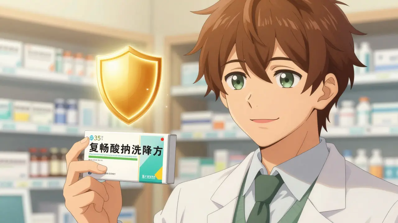 Charismatic pharmacist showing insulin with a protective shield symbol.