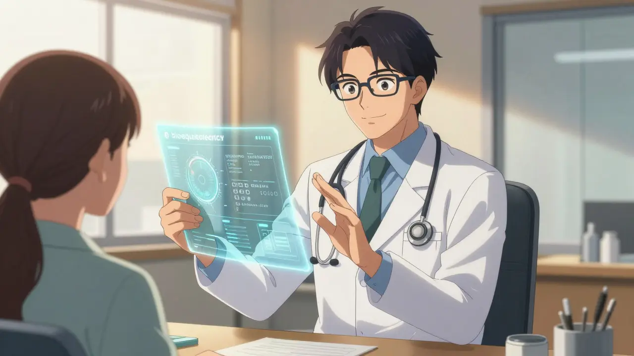 Confident anime doctor explaining bioequivalence to a patient