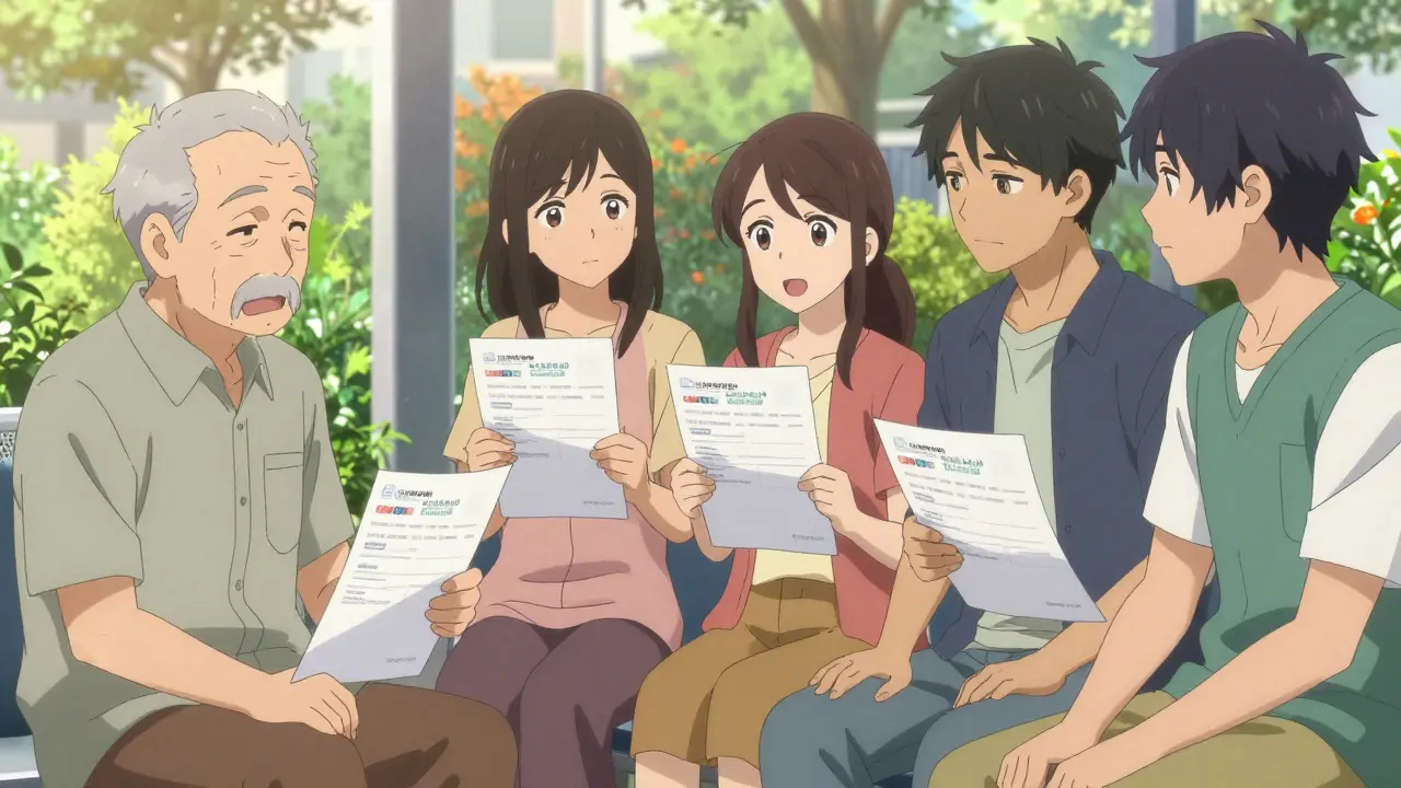 Diverse anime characters discussing clear medication instructions