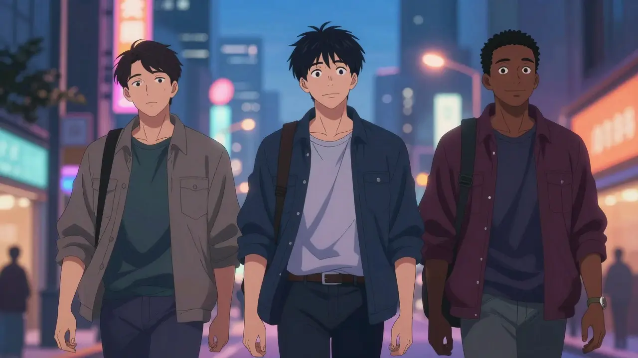 Diverse anime men walking in city representing patient experiences