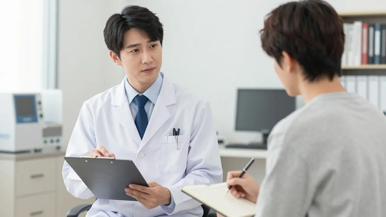 Doctor explaining medical details to attentive patient in bright office