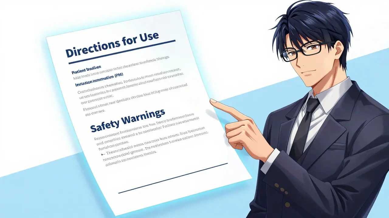 Glowing standardized medication info sheet explained by stylish man