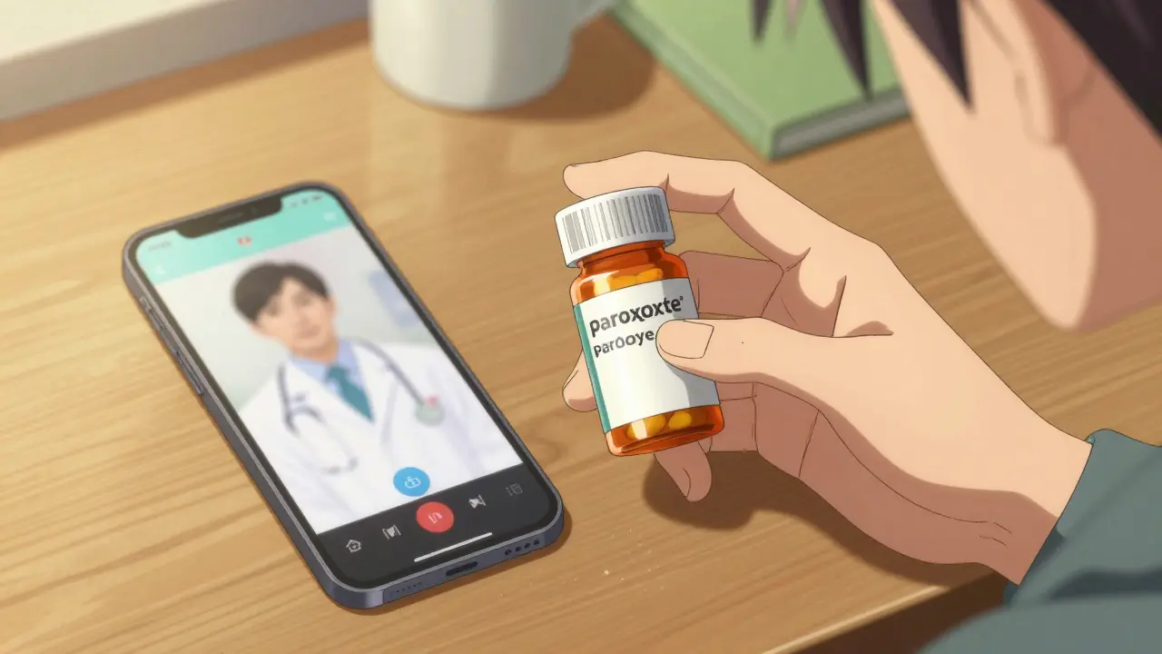 Hand holding prescription bottle next to phone with video call