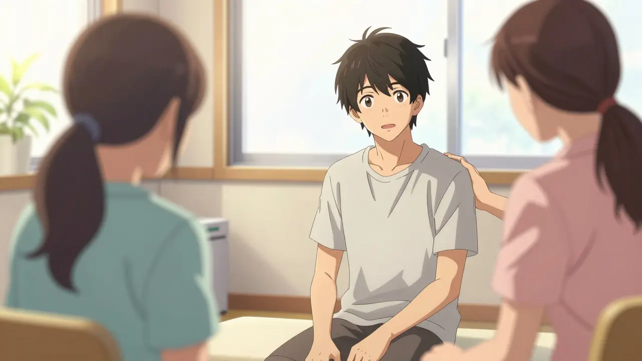 Hopeful anime scene of therapy and recovery in sunlight