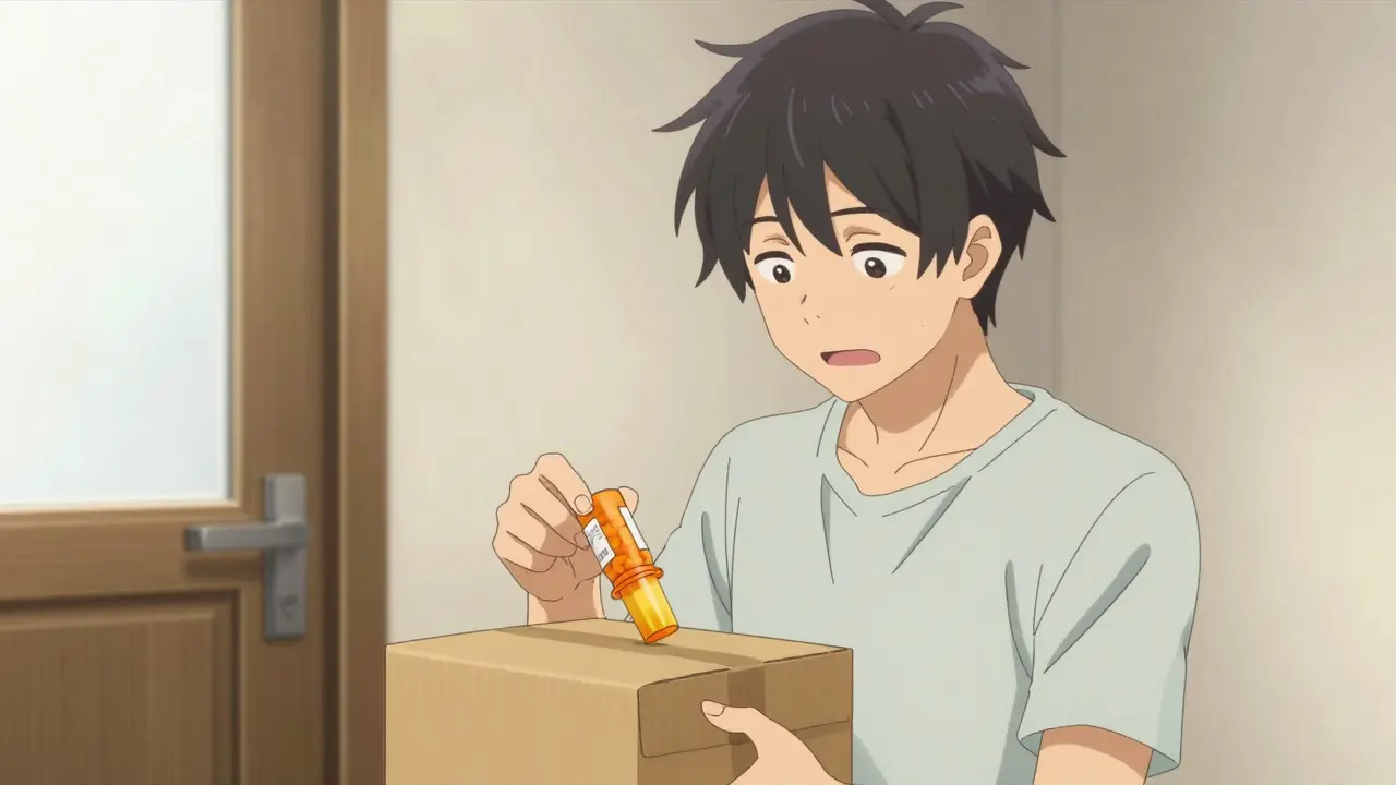 Man opening mail package containing prescription pills