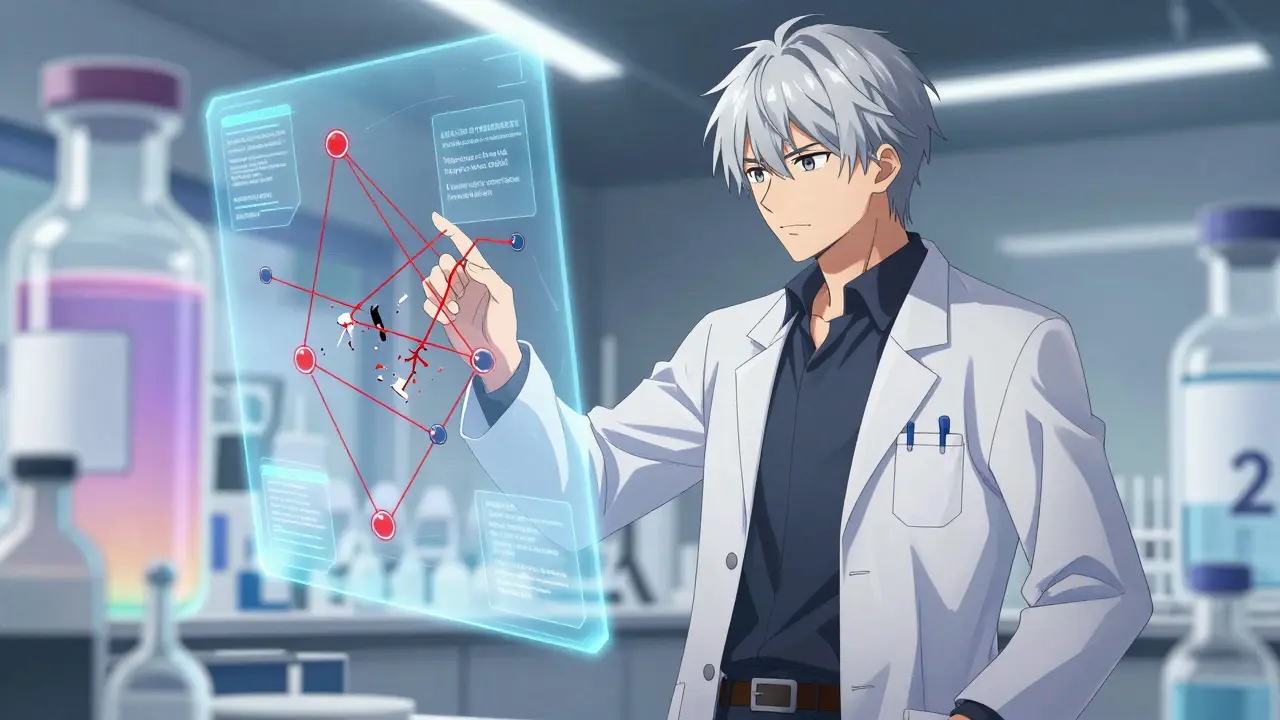 Silver-haired anime scientist examining fragile supply chain links in a futuristic lab.