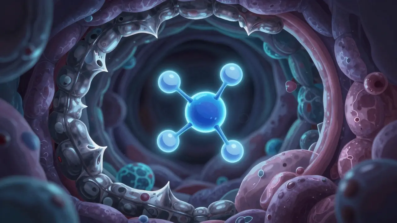 Stylized anime depiction of thyroid medication being blocked by mineral ions in the gut.