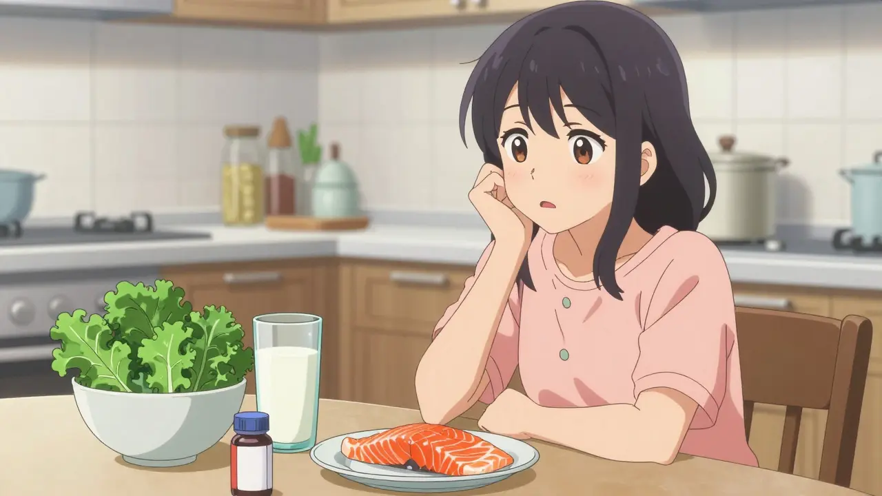 Stylized anime woman reviewing healthy foods and supplements on a table