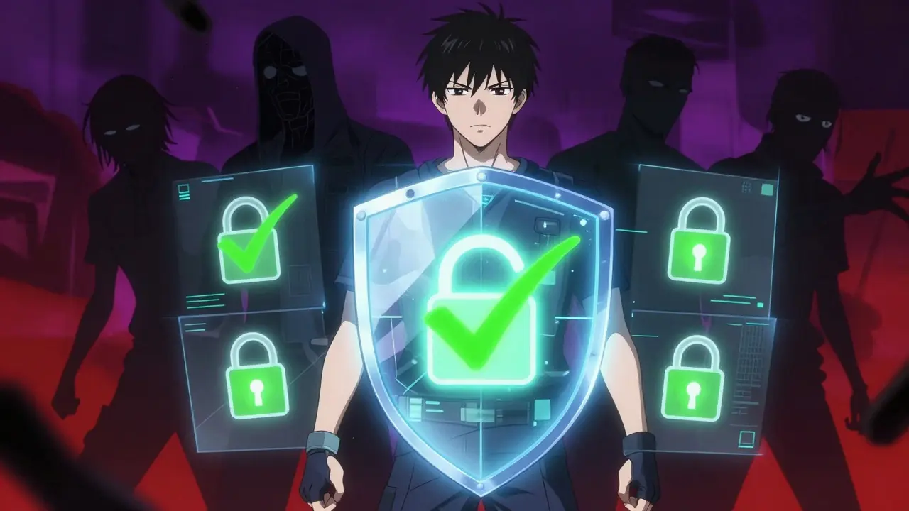 Stylized figure protected by digital security shield from threats