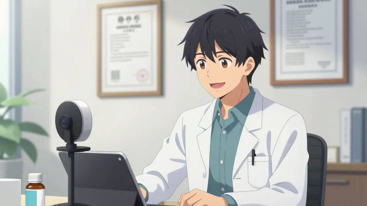 Telehealth doctor smiling during online consultation in office