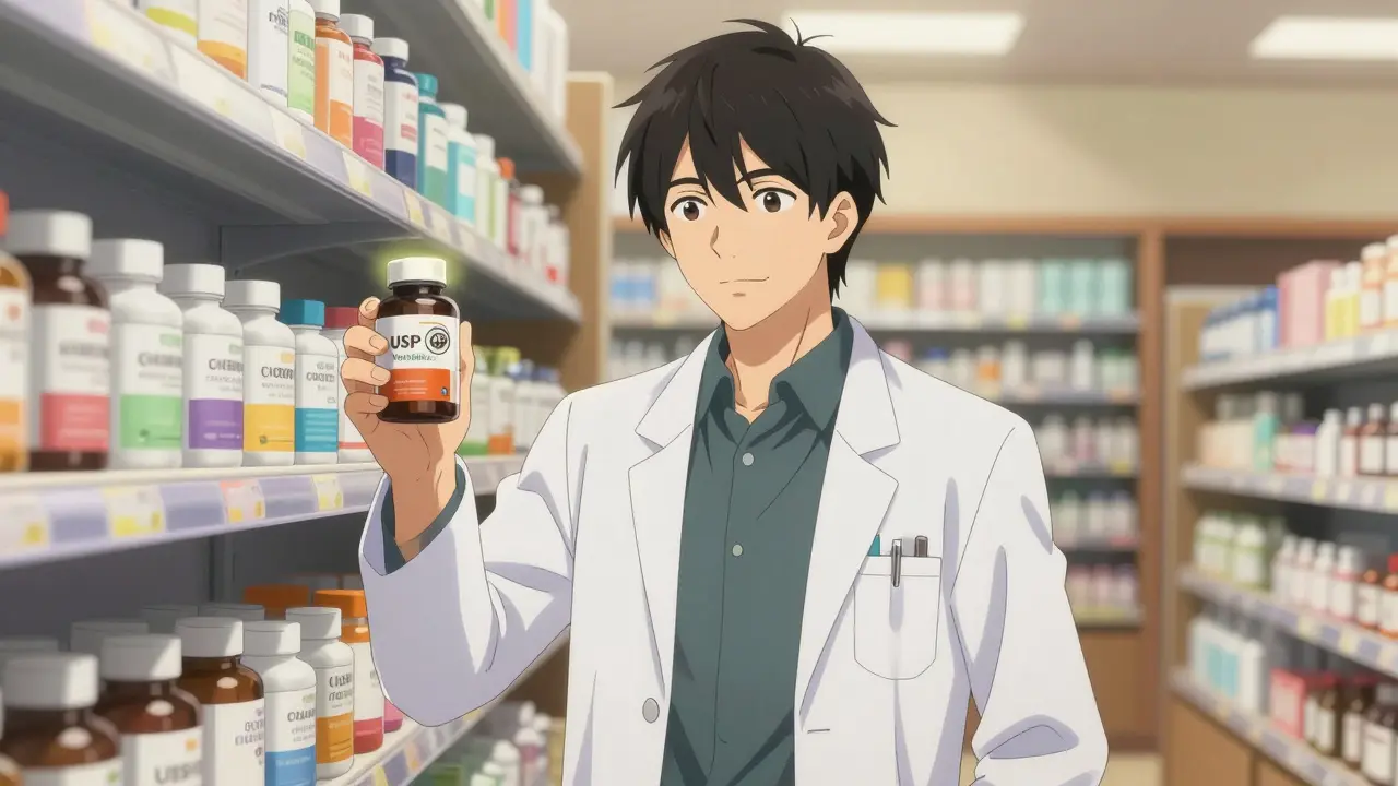 Trustworthy anime pharmacist holding verified supplement
