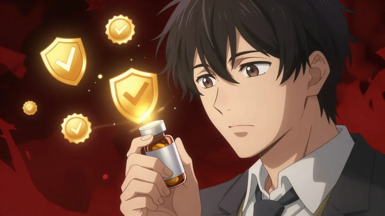 Anime man inspecting genuine pills with floating safety and savings symbols