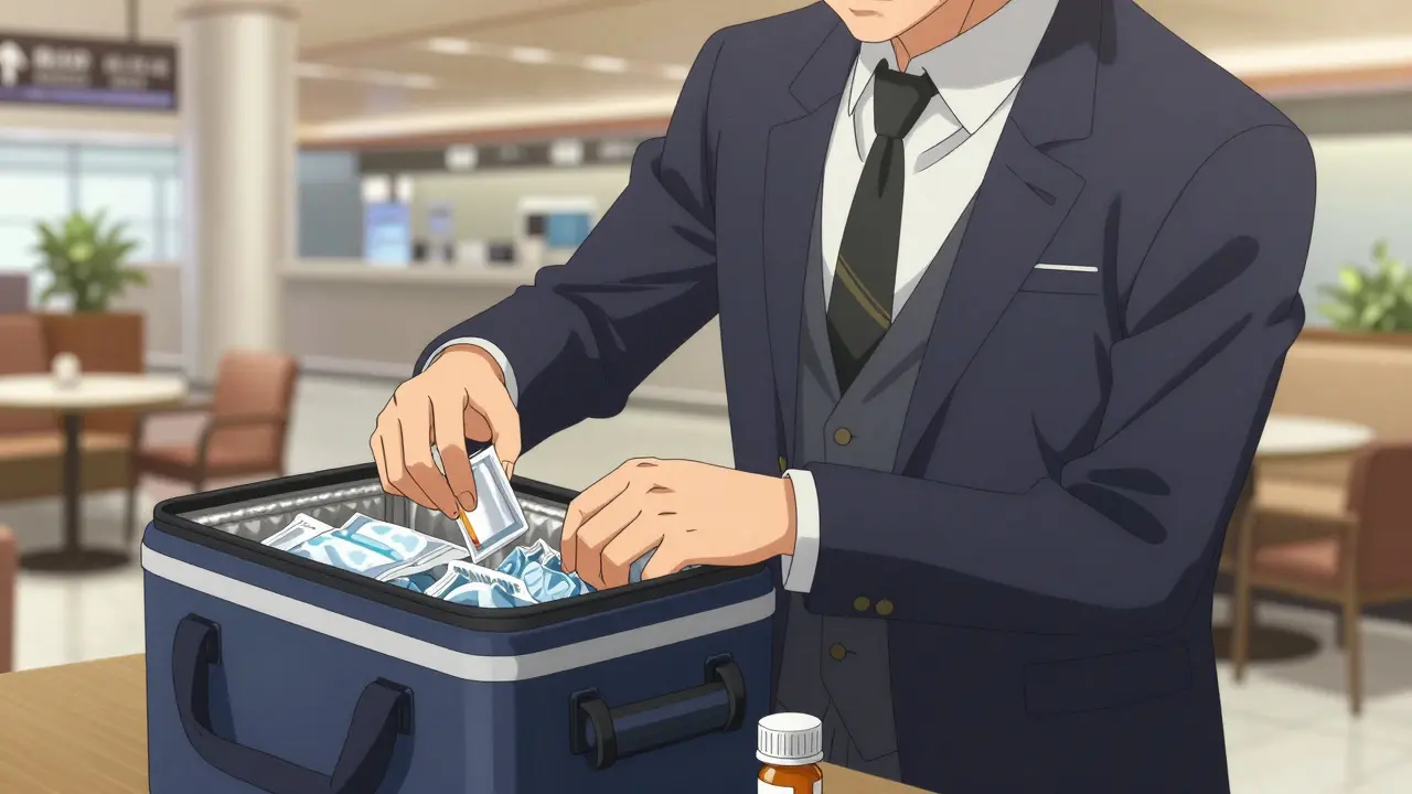 Anime man packing meds in insulated bag and foil