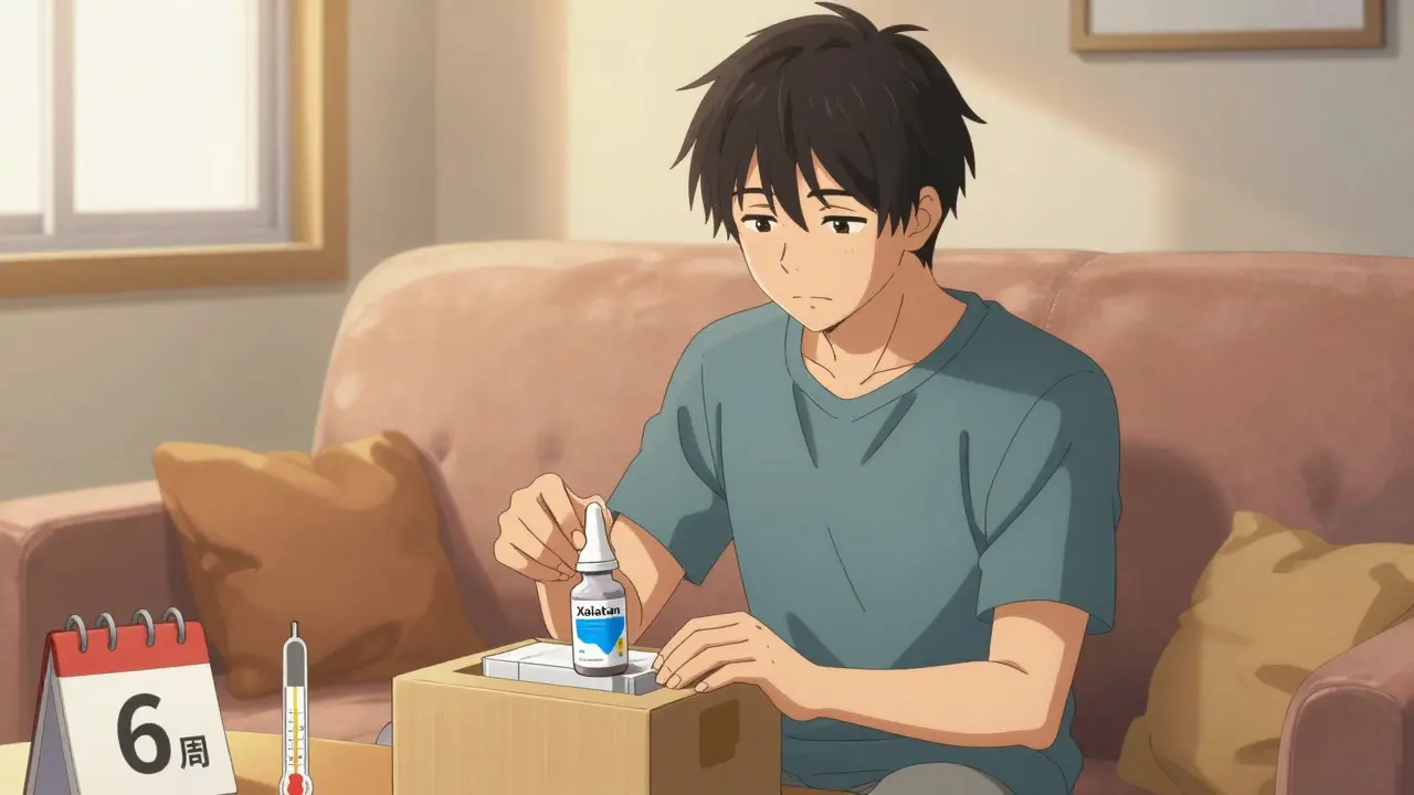 Anime man unboxing safe medication delivery on a sunny, cozy sofa.