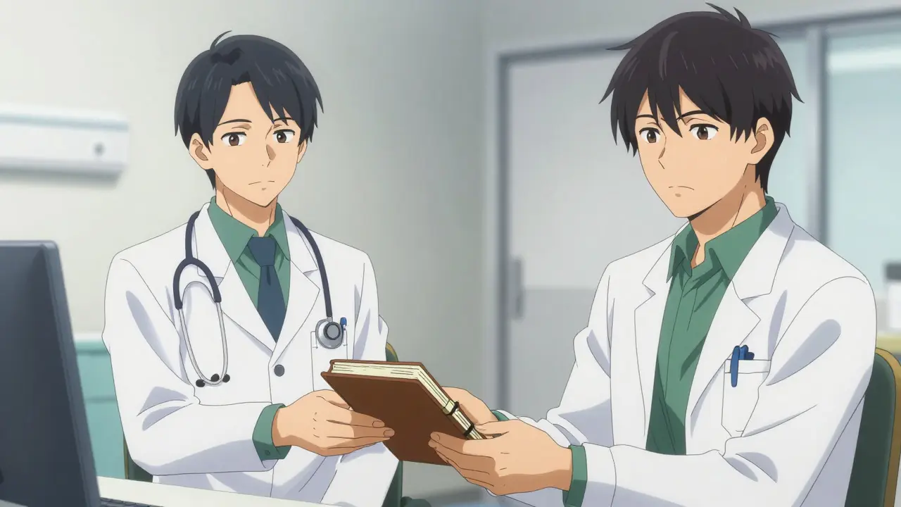 Anime patient showing medication log to doctor