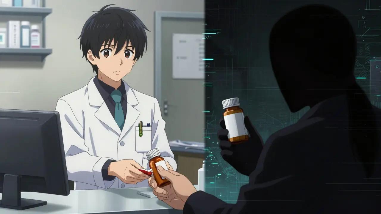 Anime pharmacist vs shadowy rogue seller concept art