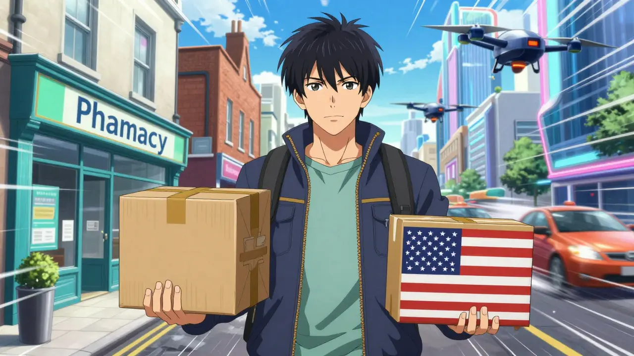 Bishounen character comparing discreet medication packages from US and UK providers