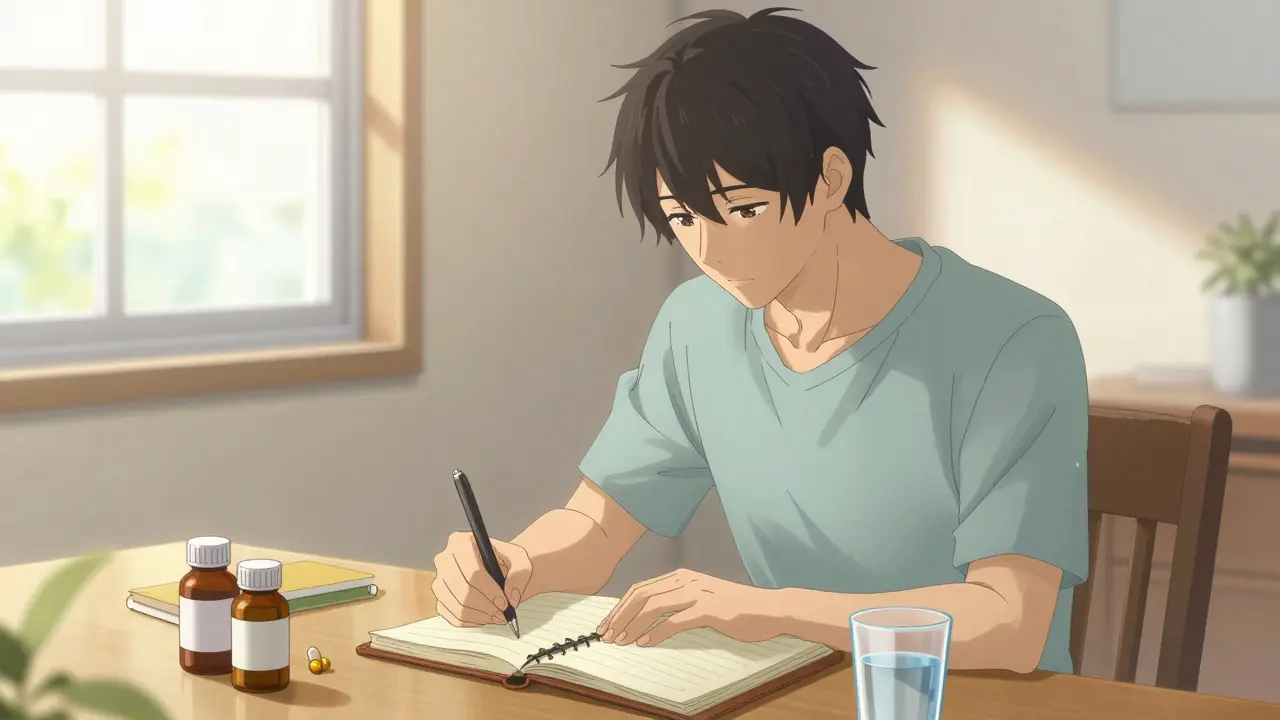 Bishounen character tracking meds in a journal