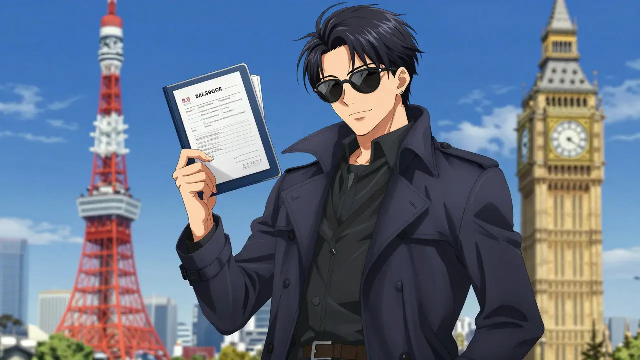 Confident anime traveler with documents near landmarks