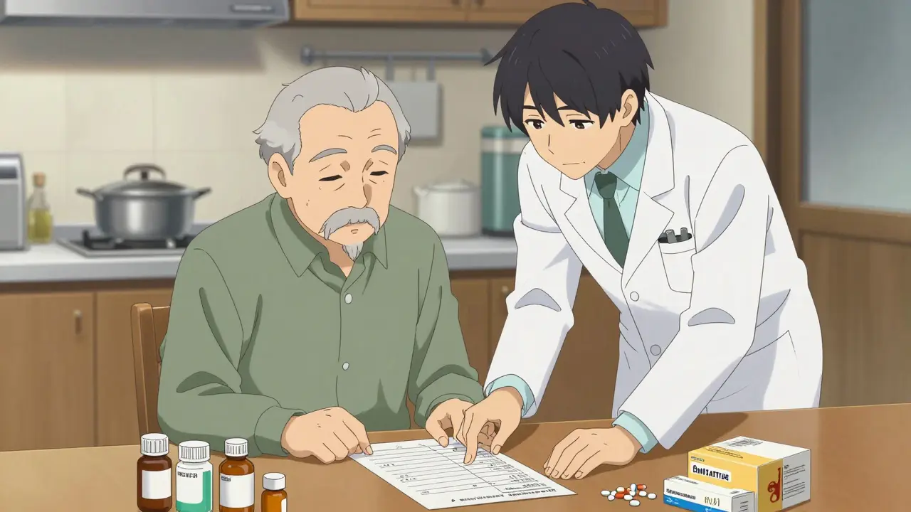 Doctor helping senior review multiple pill bottles