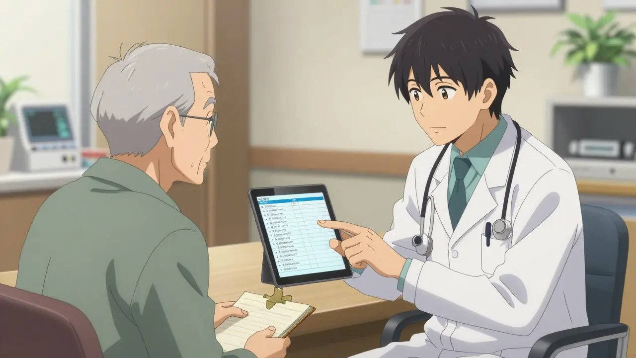 Elderly anime patient discussing meds with oncologist