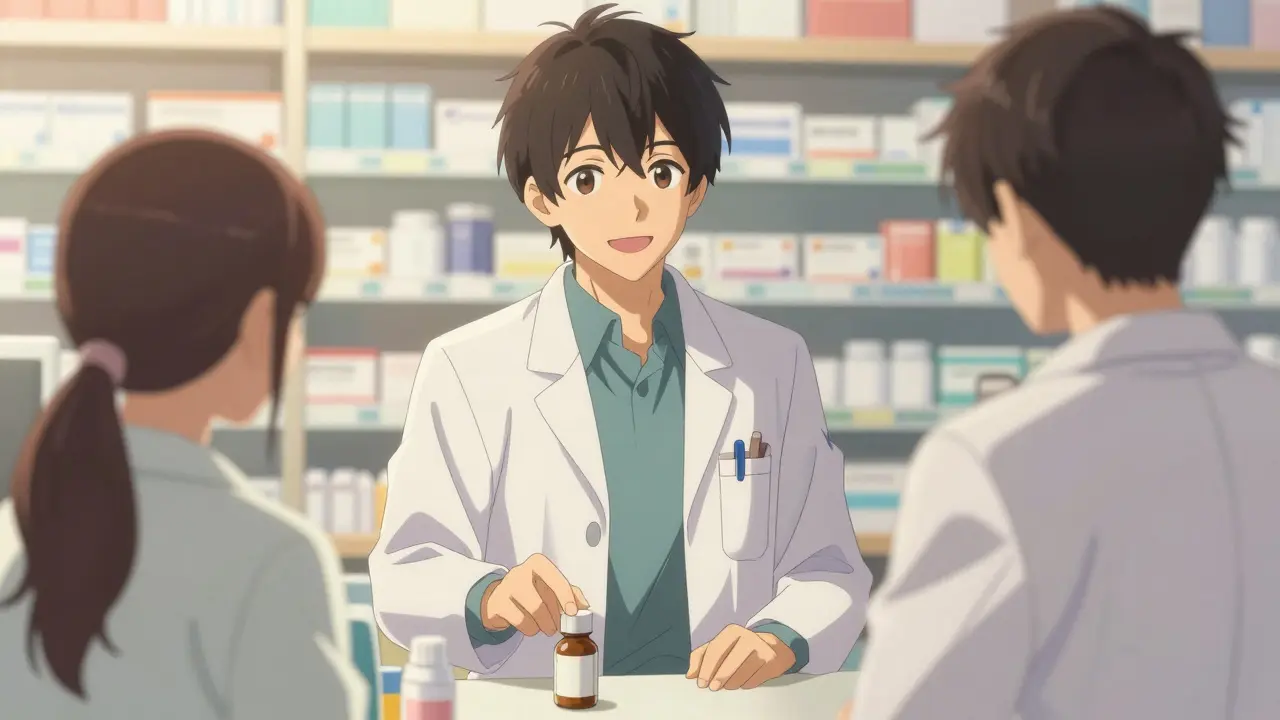 Friendly pharmacist explaining medication details to a patient in a bright clinic