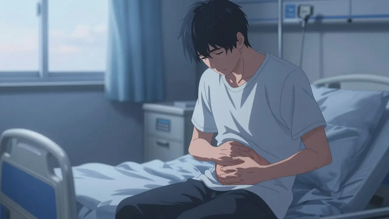 Handsome anime character sitting on bed, clutching swollen abdomen in pain
