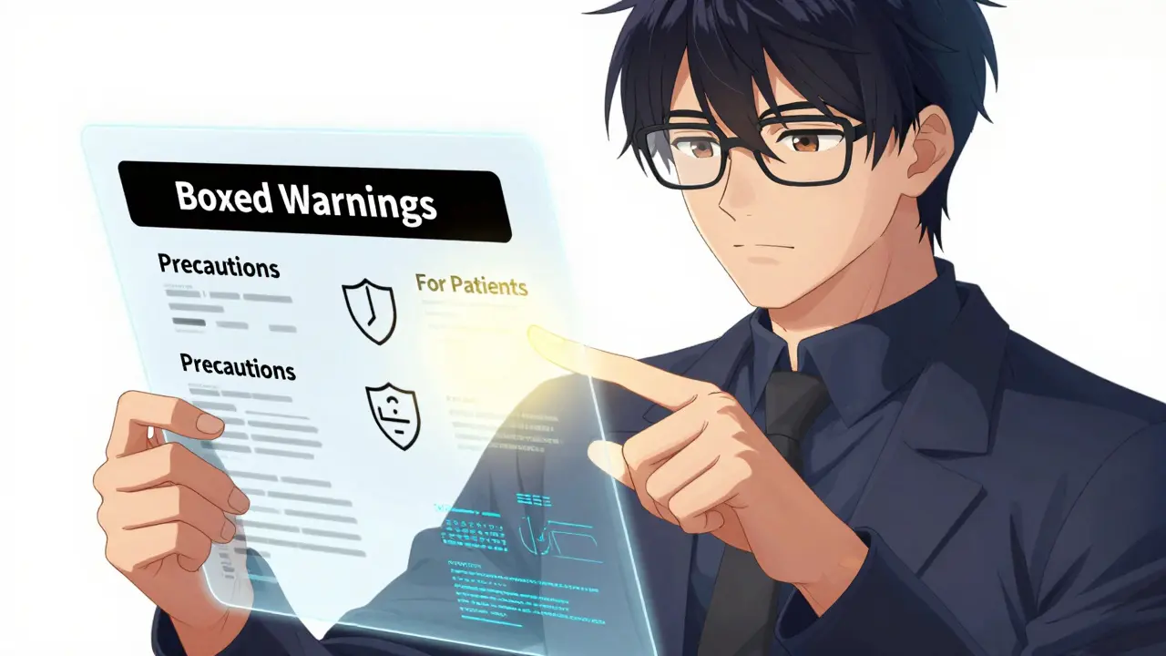 Handsome man analyzing holographic drug safety labels with glowing warning icons