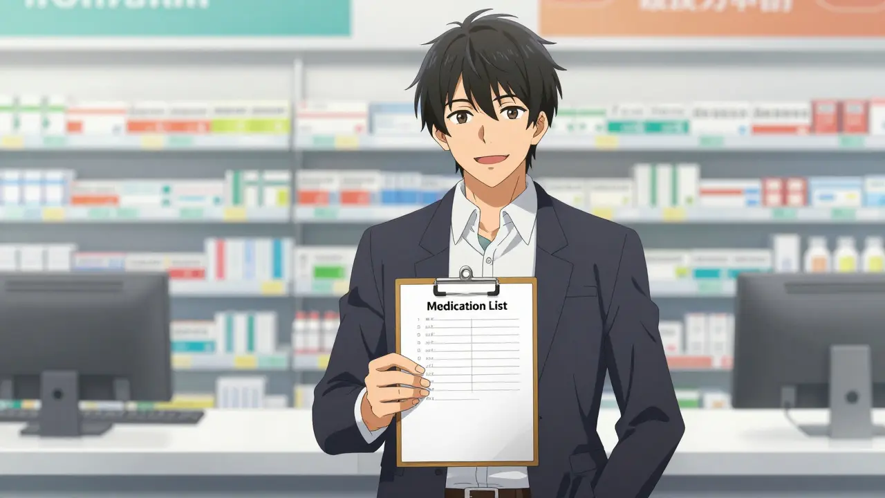 Man holding medication list at pharmacy counter
