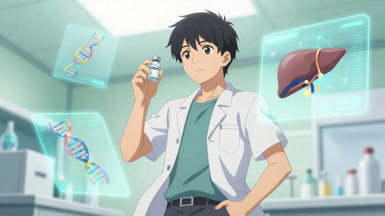 Optimistic bishounen male in futuristic lab holding medical breakthrough