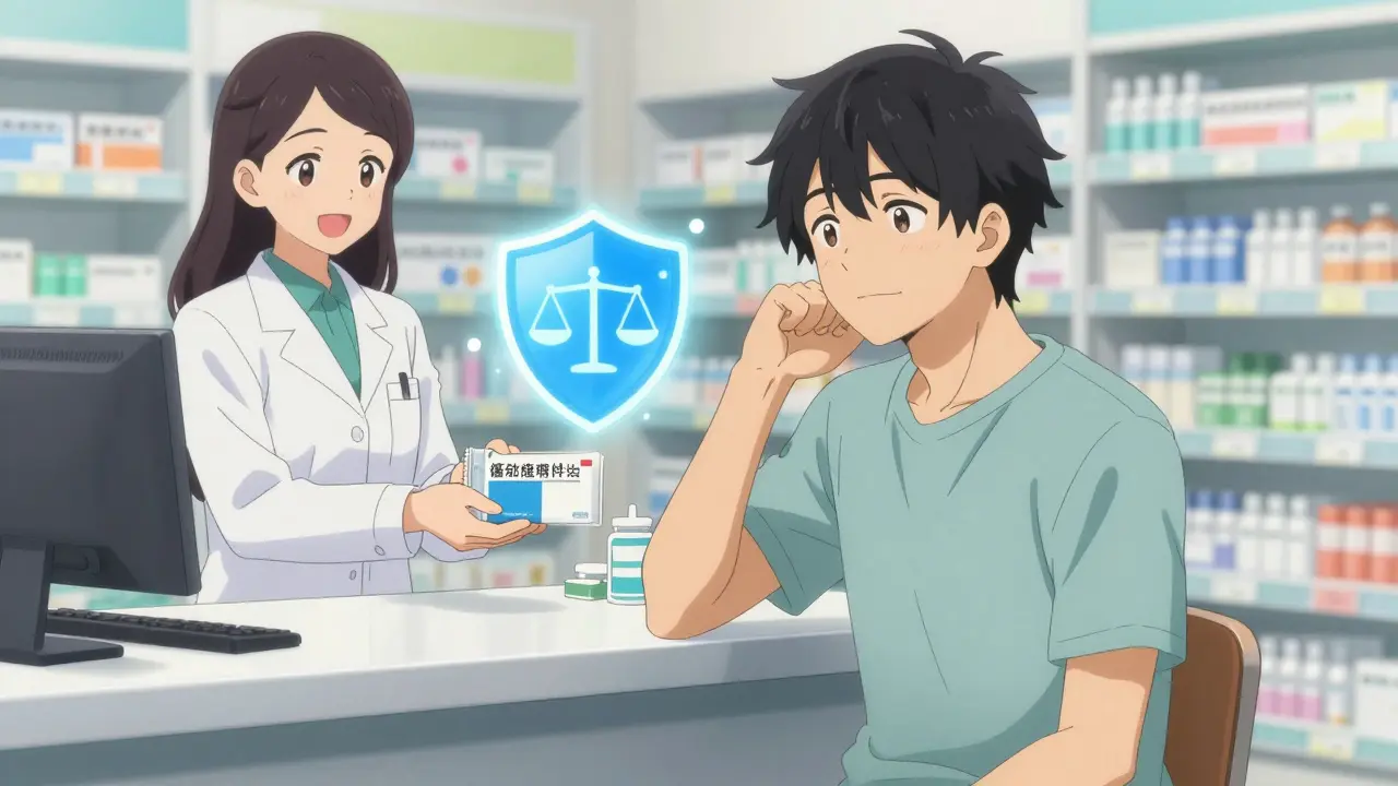 Patient receiving medication advice from a smiling pharmacist at a counter