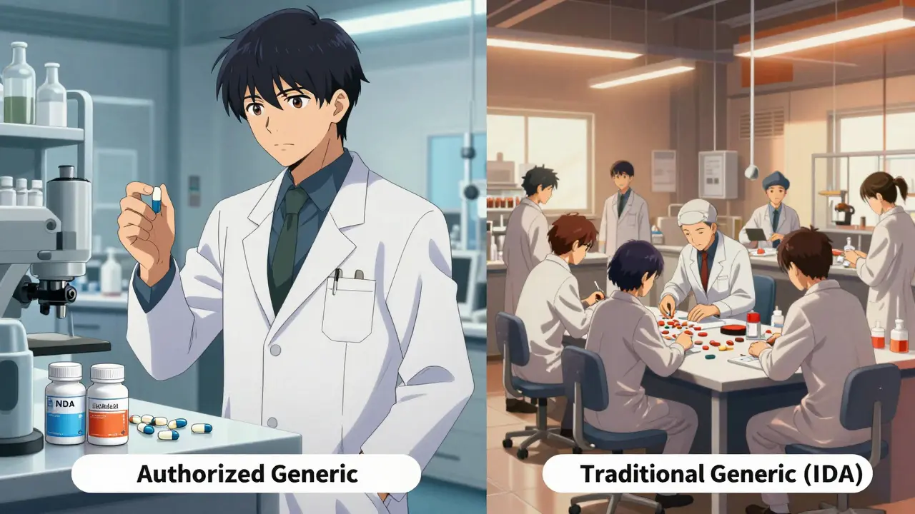 Split view showing authorized vs traditional generic drug manufacturing processes