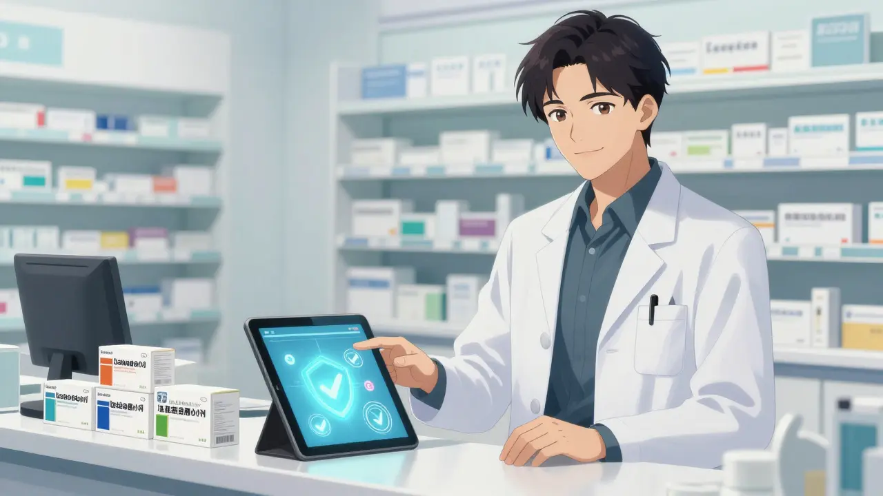 Stylish anime pharmacist showing certified medication options at a clean counter.