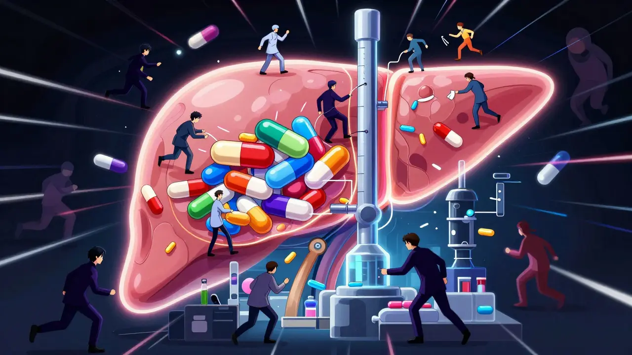 Stylized anime view of enzymes processing drugs in liver