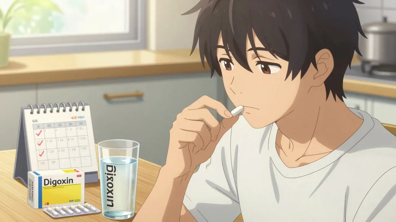 Young man safely taking daily heart medication