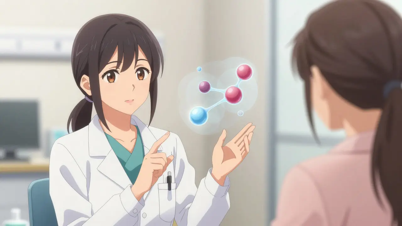 Anime doctor explaining hormone therapy to a patient with floating molecular visuals in a clinic.