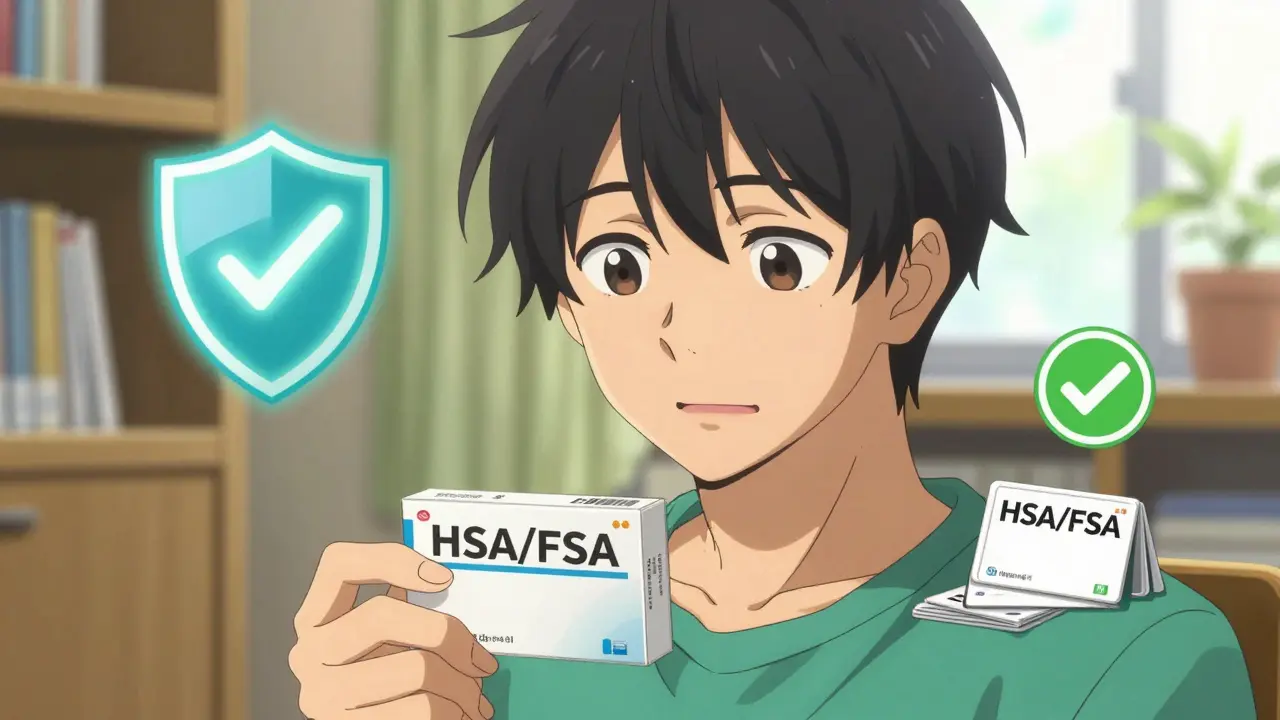 Anime man holding generic meds, surrounded by safety and savings symbols.