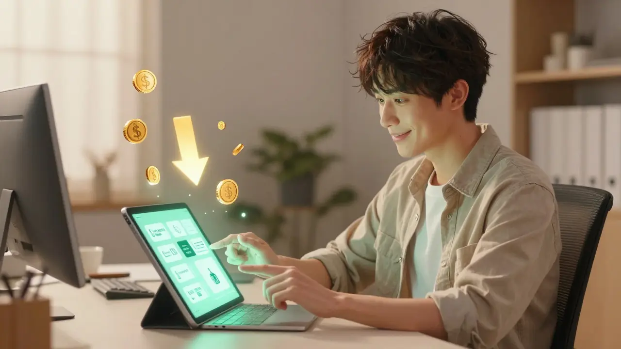 Anime man smiling while using tablet to find cheap generic drug deals.