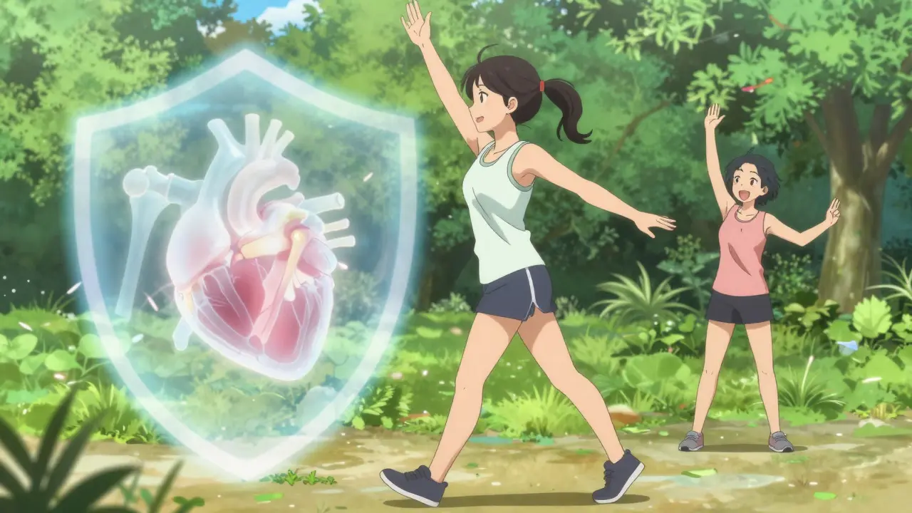 Anime woman enjoying active life with protective aura around bones and heart, symbolizing HRT benefits.