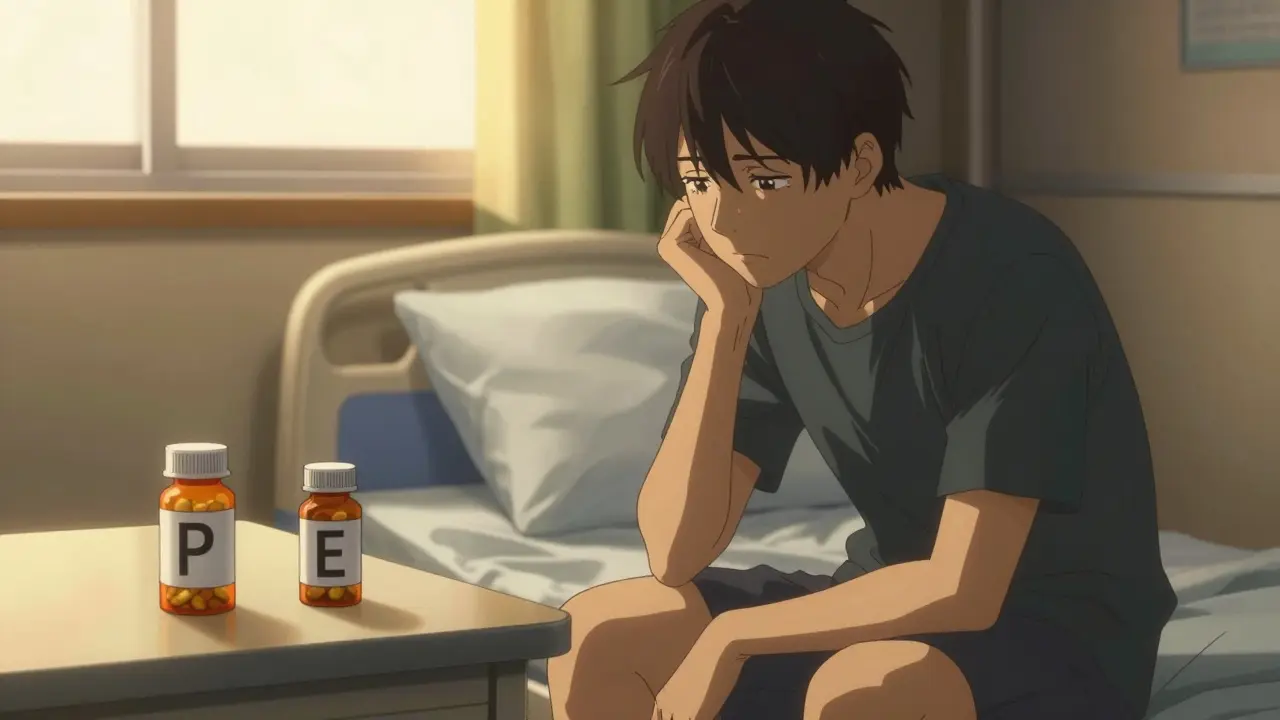 Anxious anime patient looking at antidepressant pills on bedside table