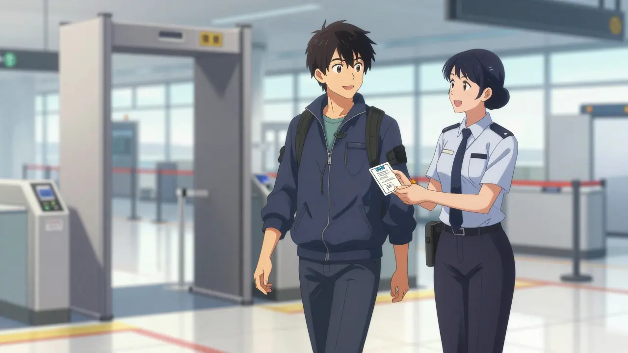 Bishounen male traveler passing airport security with pump
