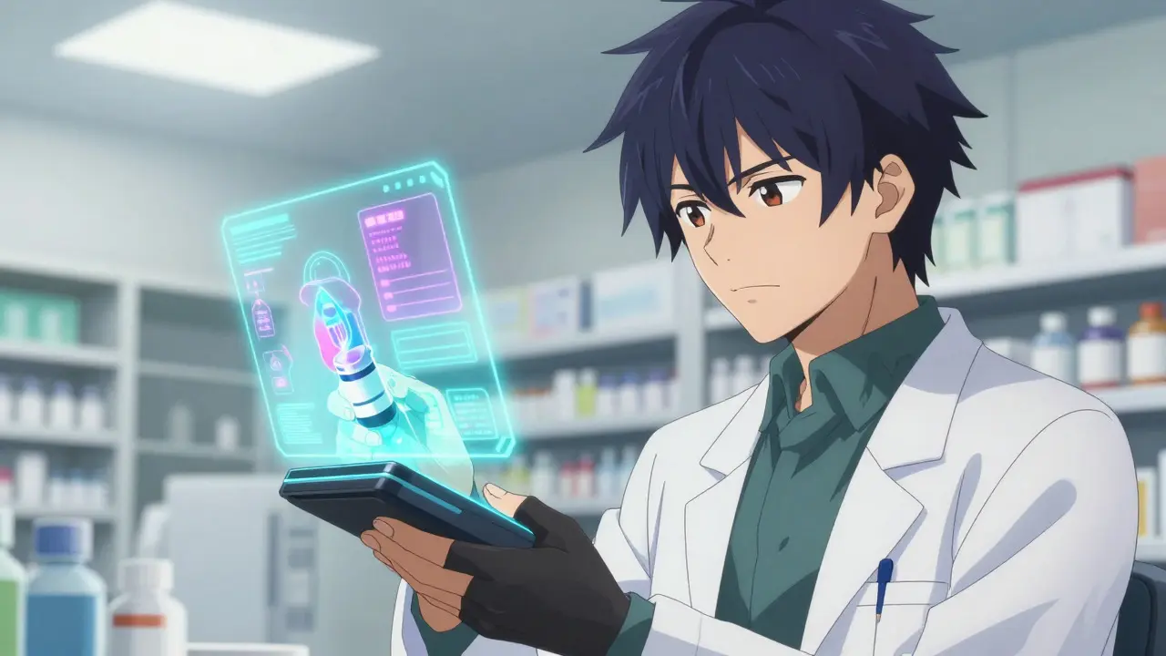 Bishounen pharmacist using a futuristic scanner on a medicine bottle